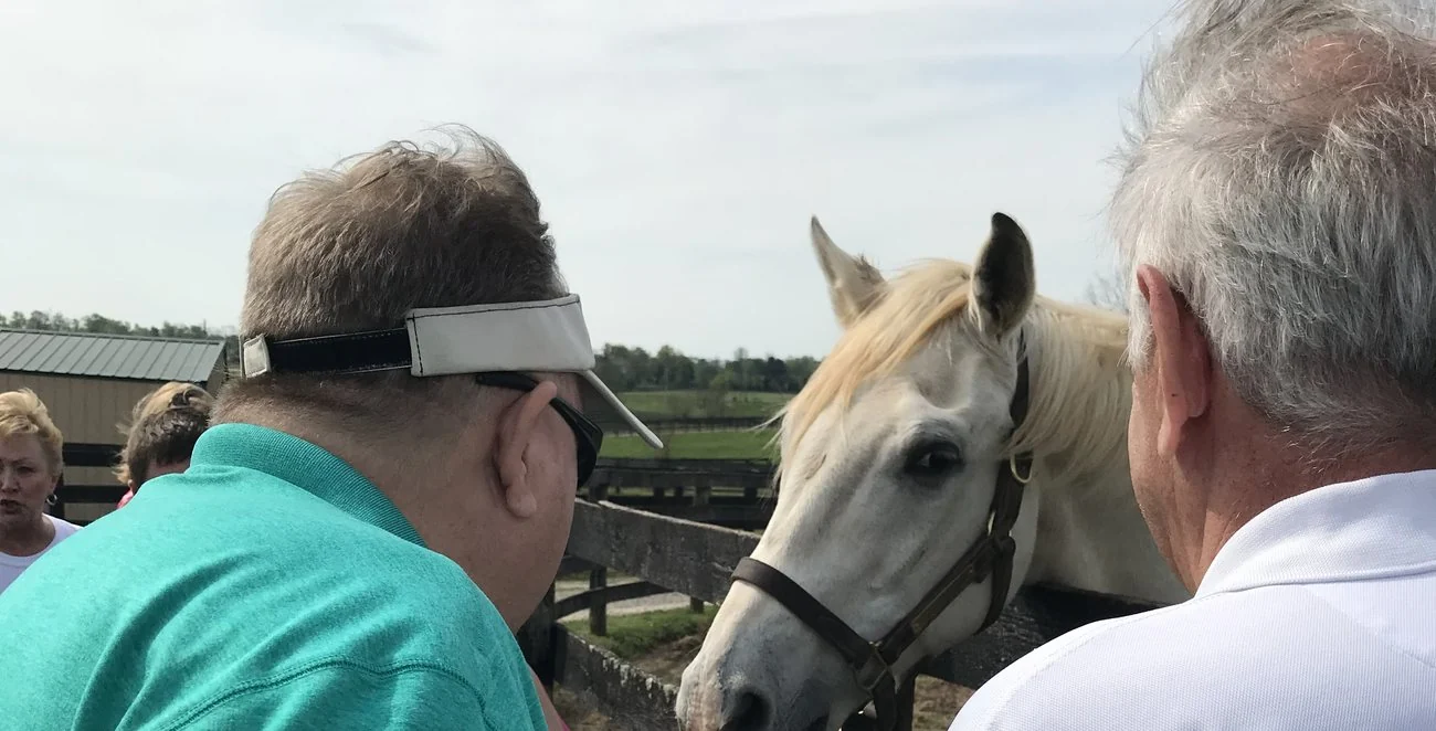 Frank and Bob visiting Silver Charm at Old Friends.
